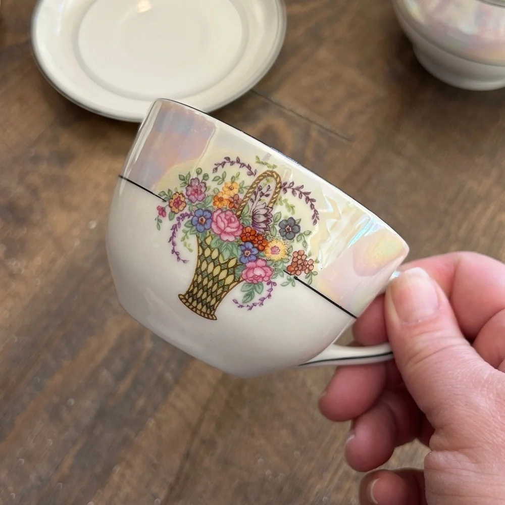 Z.S.C. Bavaria Iridescent Floral Porcelain Lunch Plates Tea Cups Saucers Sugar‎